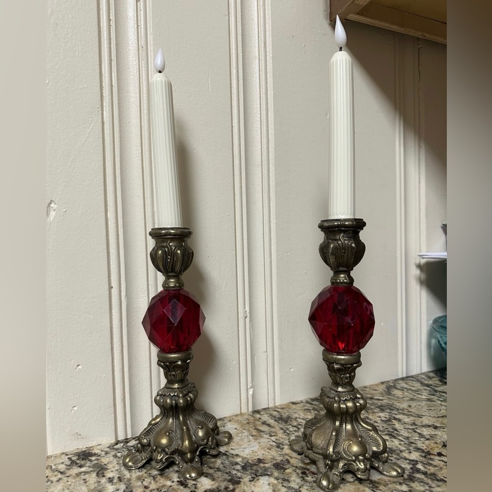 Elegant Brass Candle Holders with Red glass Accents